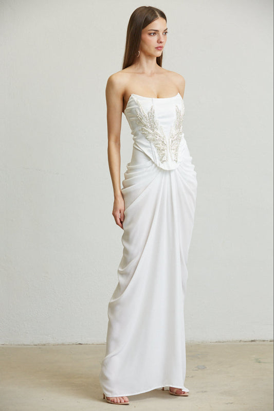 Women Strapless Satin Corset Bustier Chiffon Maxi Dress
