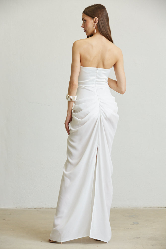 Women Strapless Satin Corset Bustier Chiffon Maxi Dress
