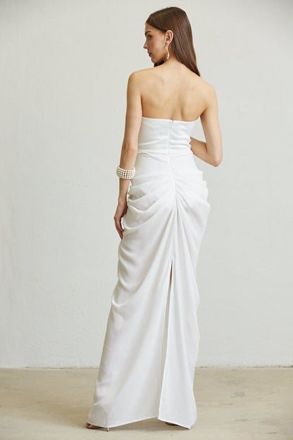 Women Strapless Satin Corset Bustier Chiffon Maxi Dress