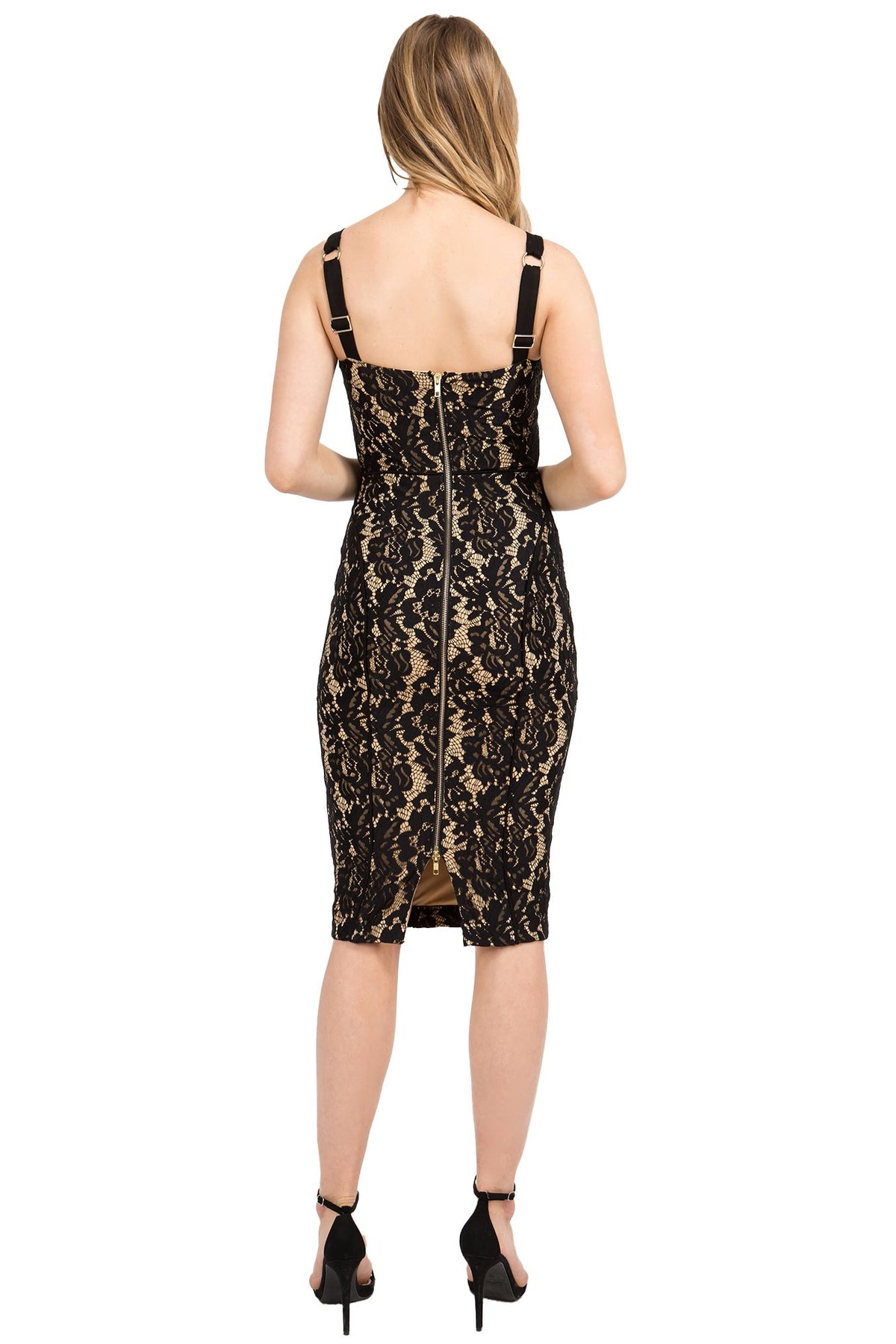 Lace Bodycon Midi Dress with Gold Back Zipper for Women