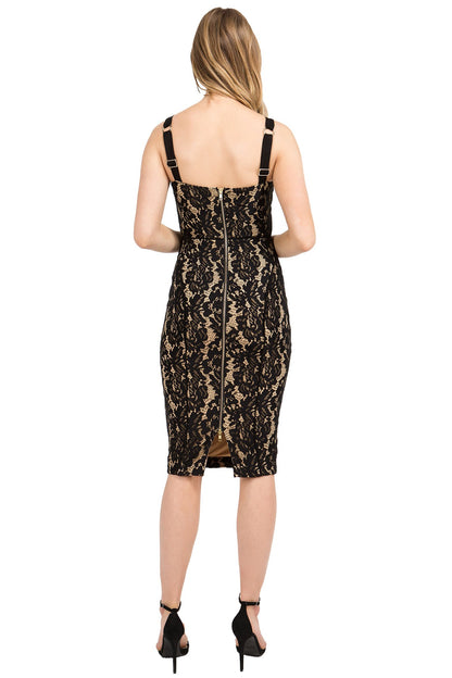 Lace Bodycon Midi Dress with Gold Back Zipper for Women