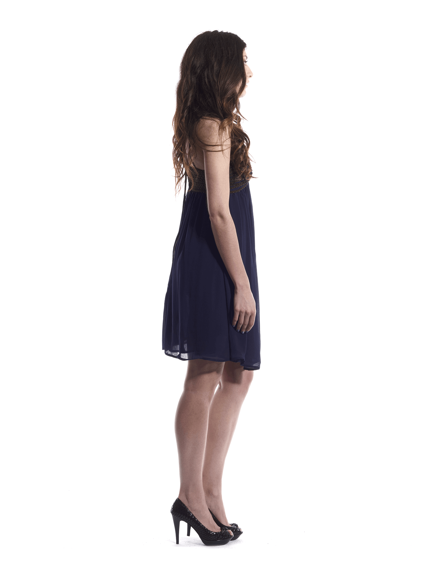Blue Flowy Evening Dress with Gold Embellishments