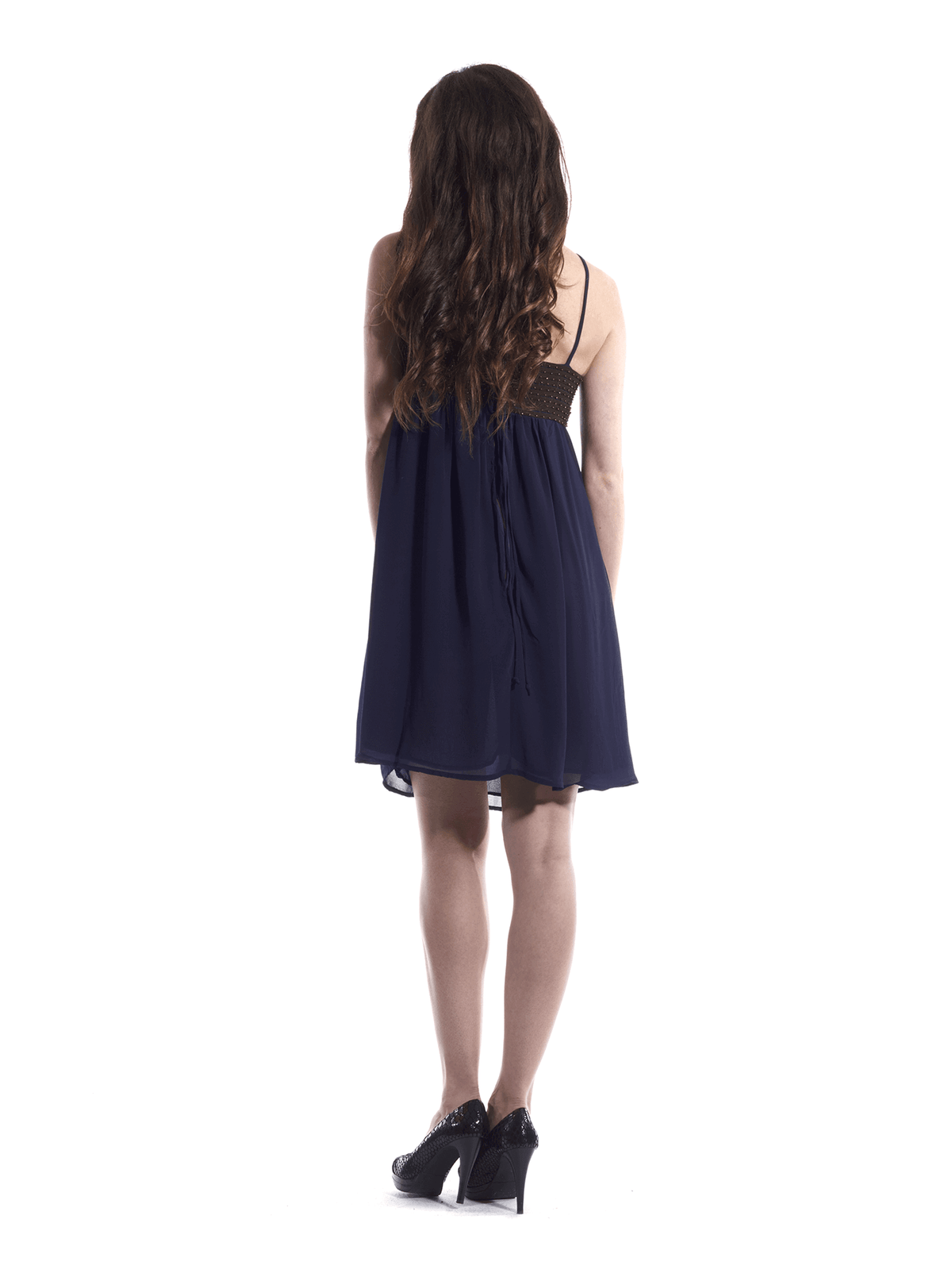 Blue Flowy Evening Dress with Gold Embellishments