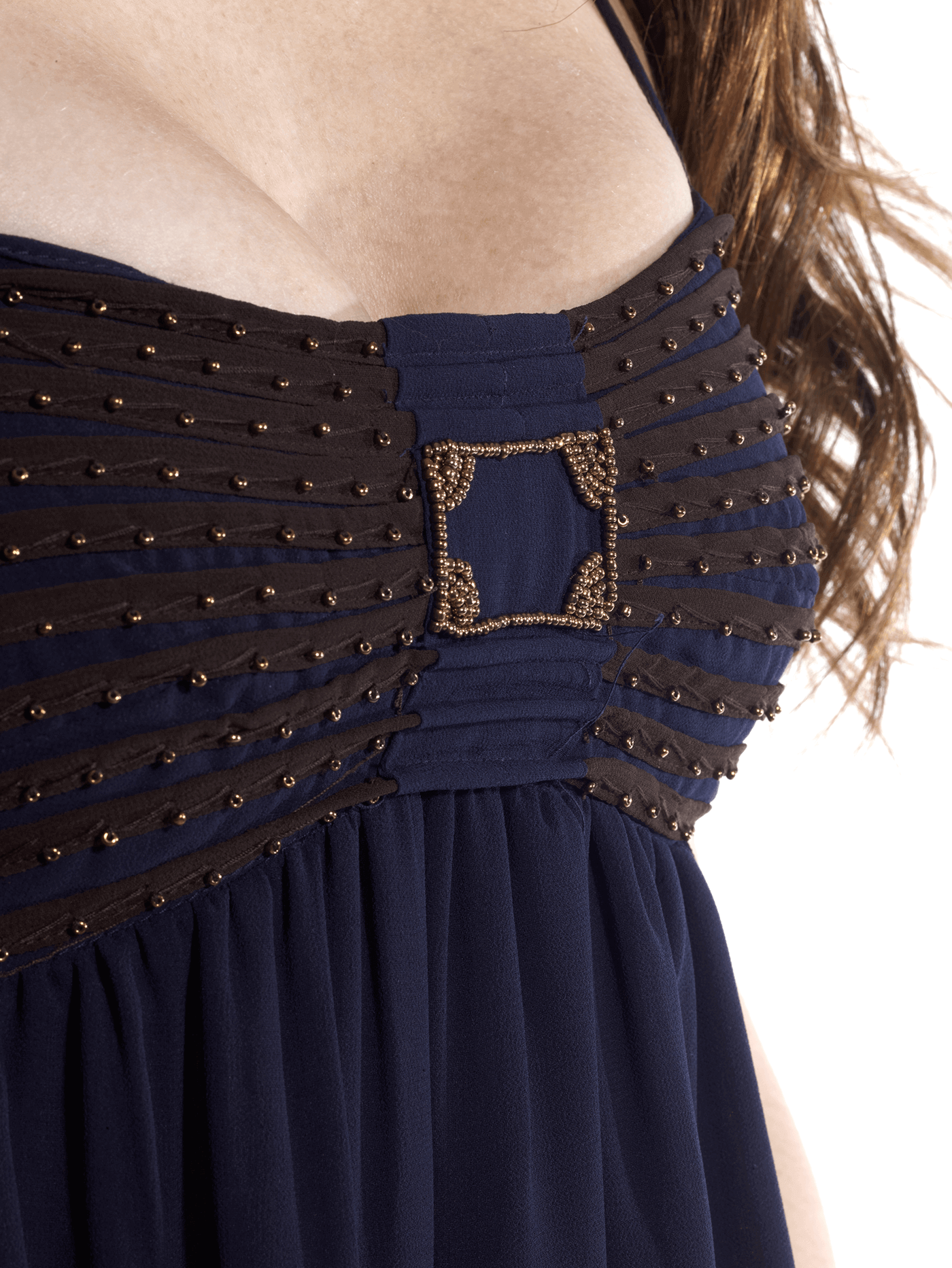 Blue Flowy Evening Dress with Gold Embellishments