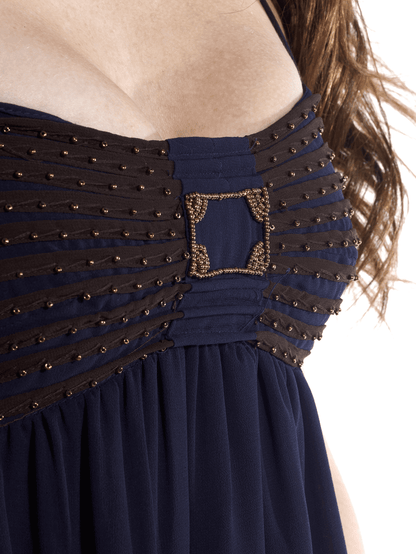 Blue Flowy Evening Dress with Gold Embellishments