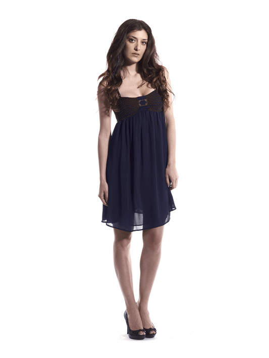Blue Flowy Evening Dress with Gold Embellishments