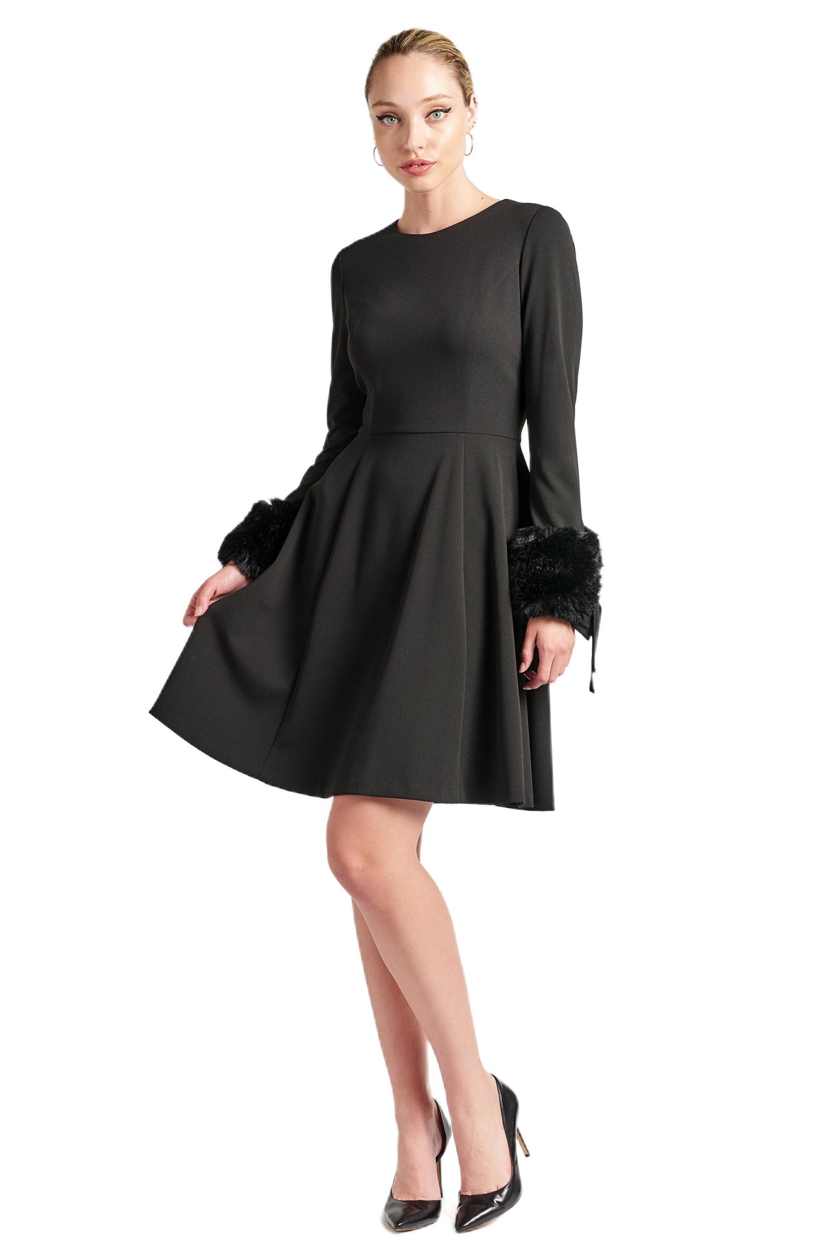 Women's Long Sleeve Fit Flare Black Party Dress Elegant