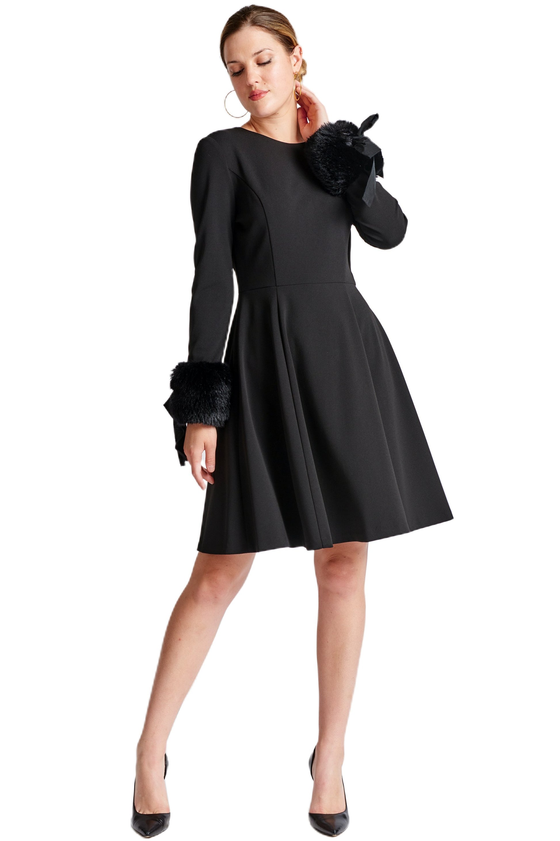 Women's Long Sleeve Fit Flare Black Party Dress Elegant