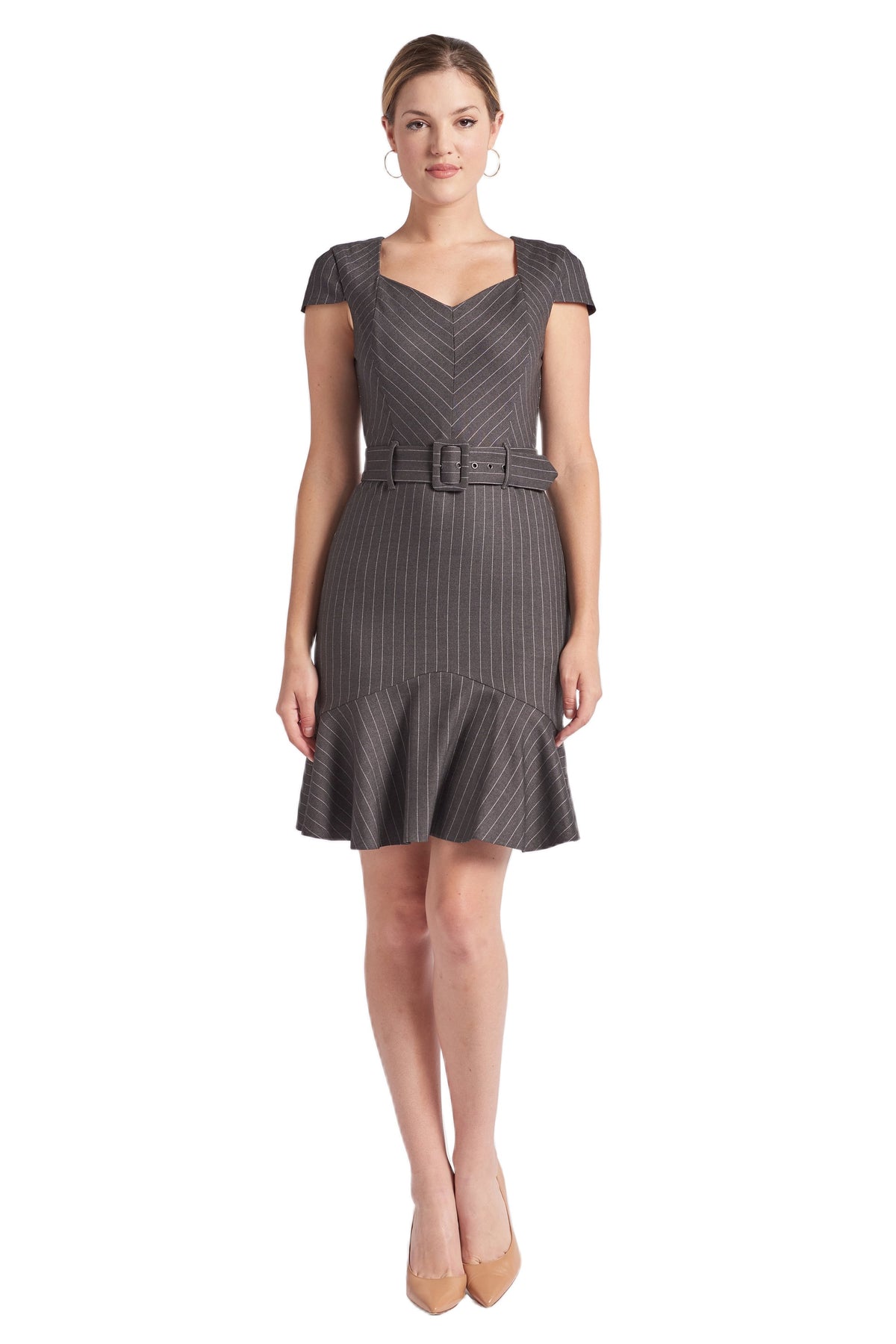 Women's Pinstripe V Neck Work Dress with Ruffle Hem