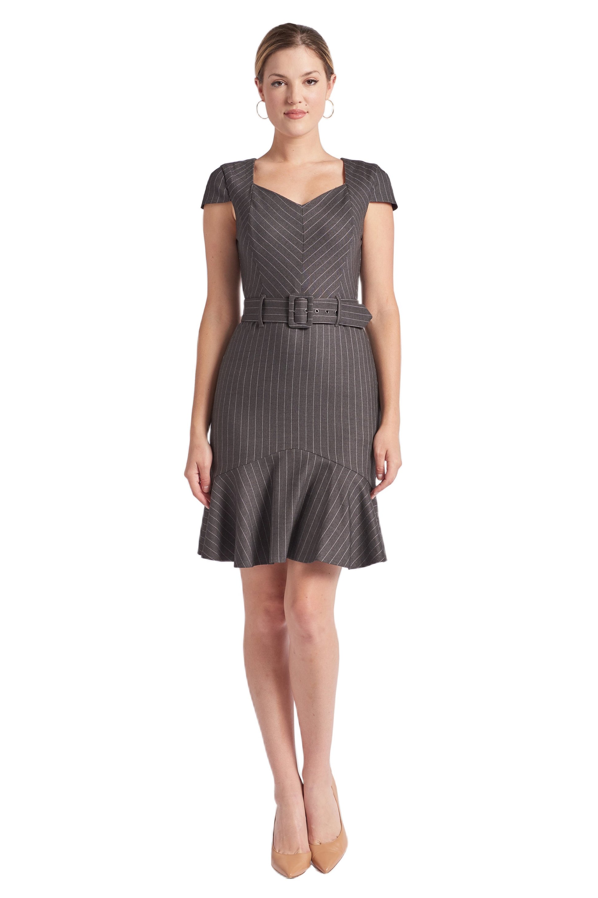 Women's Pinstripe V Neck Work Dress with Ruffle Hem