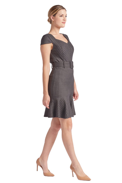 Women's Pinstripe V Neck Work Dress with Ruffle Hem