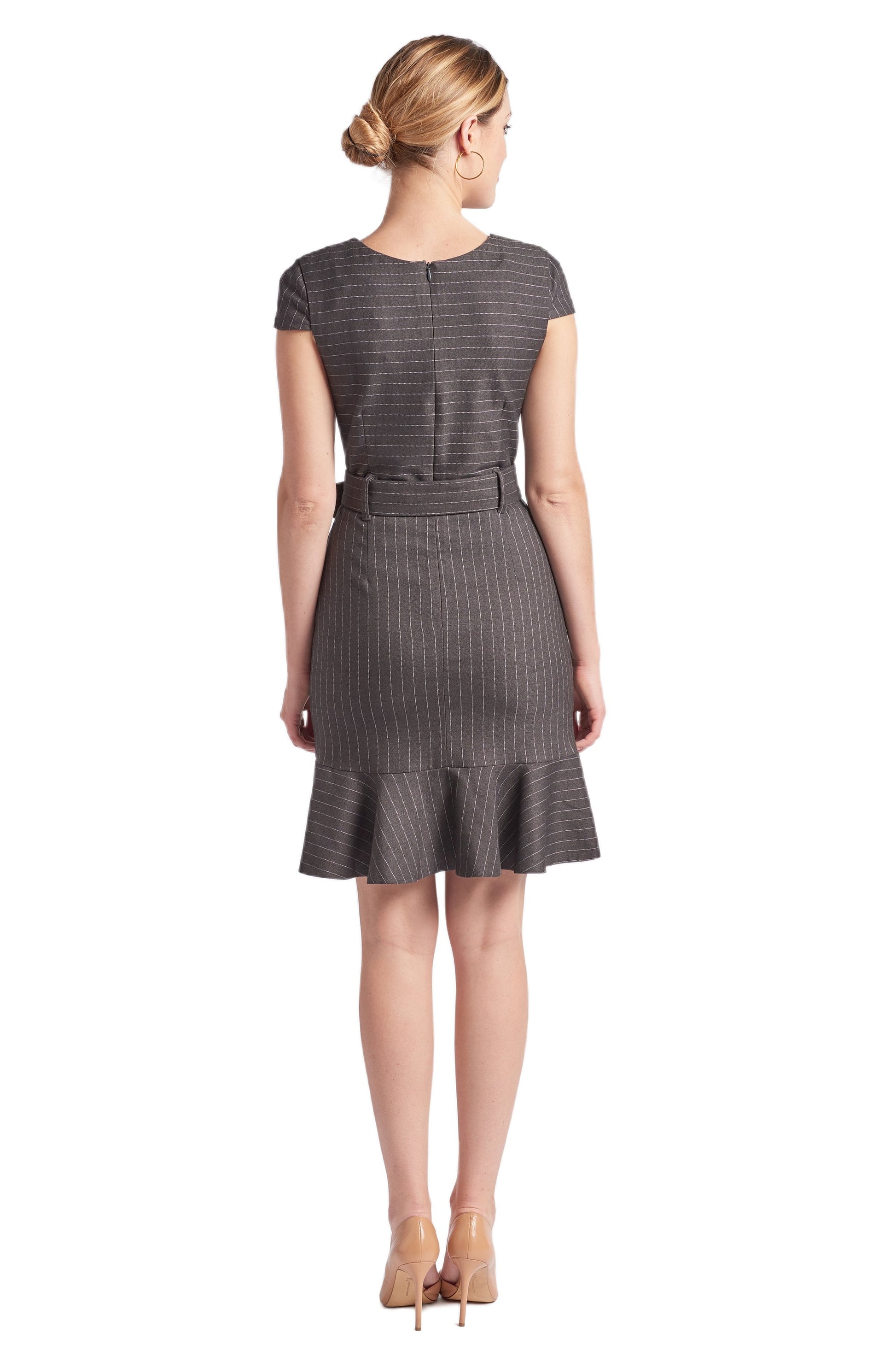 Women's Pinstripe V Neck Work Dress with Ruffle Hem