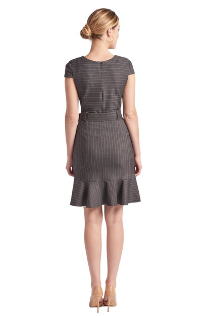 Women's Pinstripe V Neck Work Dress with Ruffle Hem