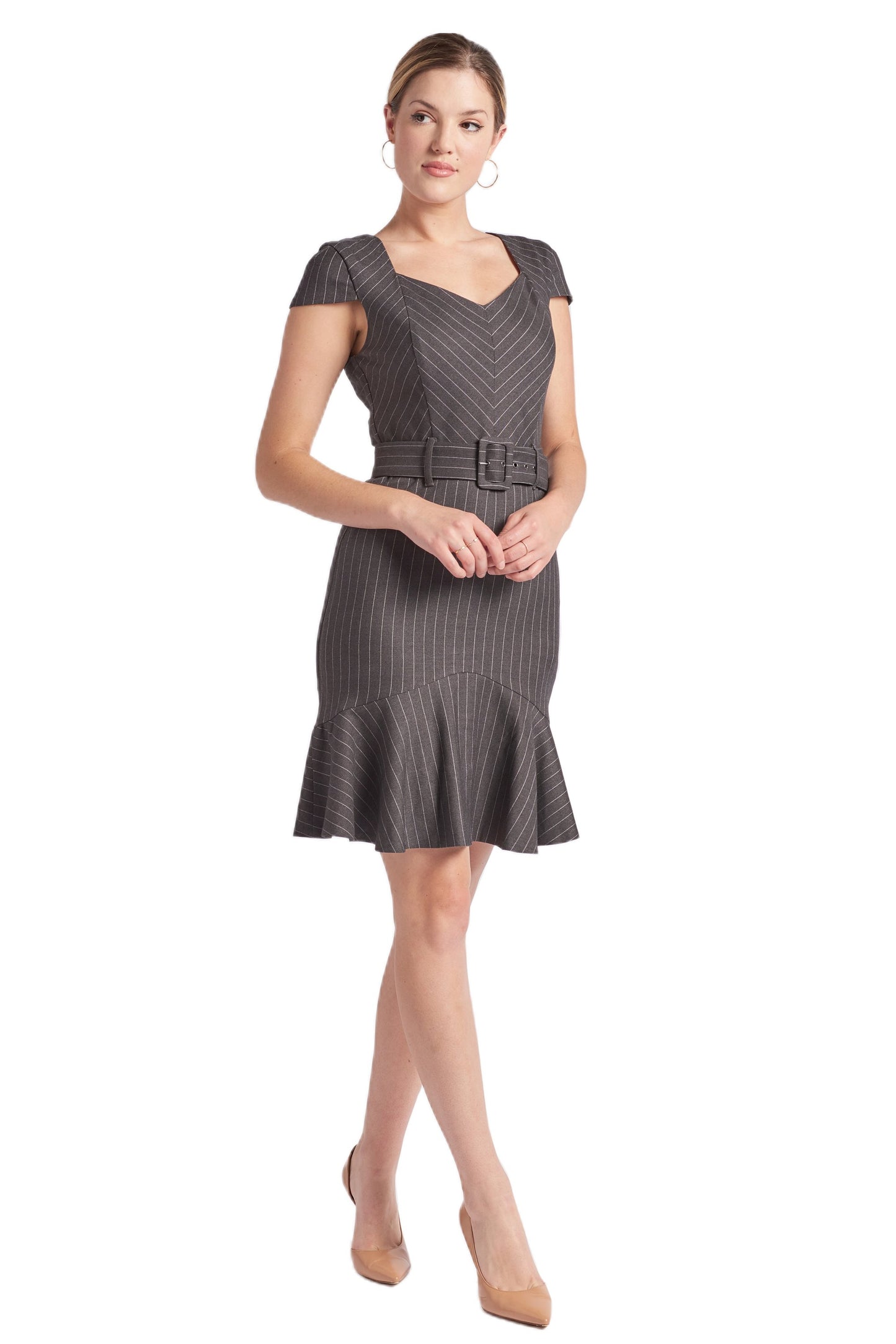 Women's Pinstripe V Neck Work Dress with Ruffle Hem