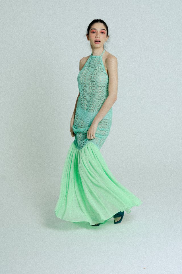 Women's Green Crochet Open Back Maxi Dress