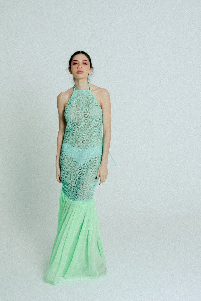 Women's Green Crochet Open Back Maxi Dress
