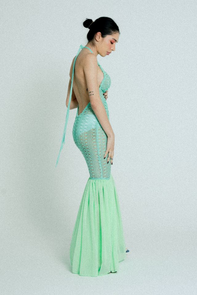 Women's Green Crochet Open Back Maxi Dress