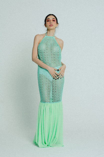 Women's Green Crochet Open Back Maxi Dress