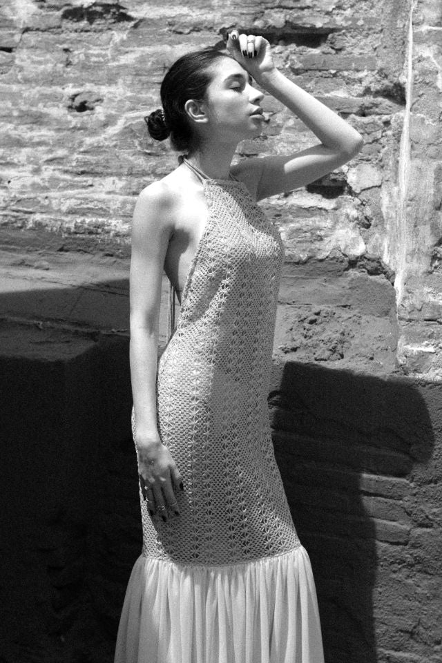 Women's Green Crochet Open Back Maxi Dress
