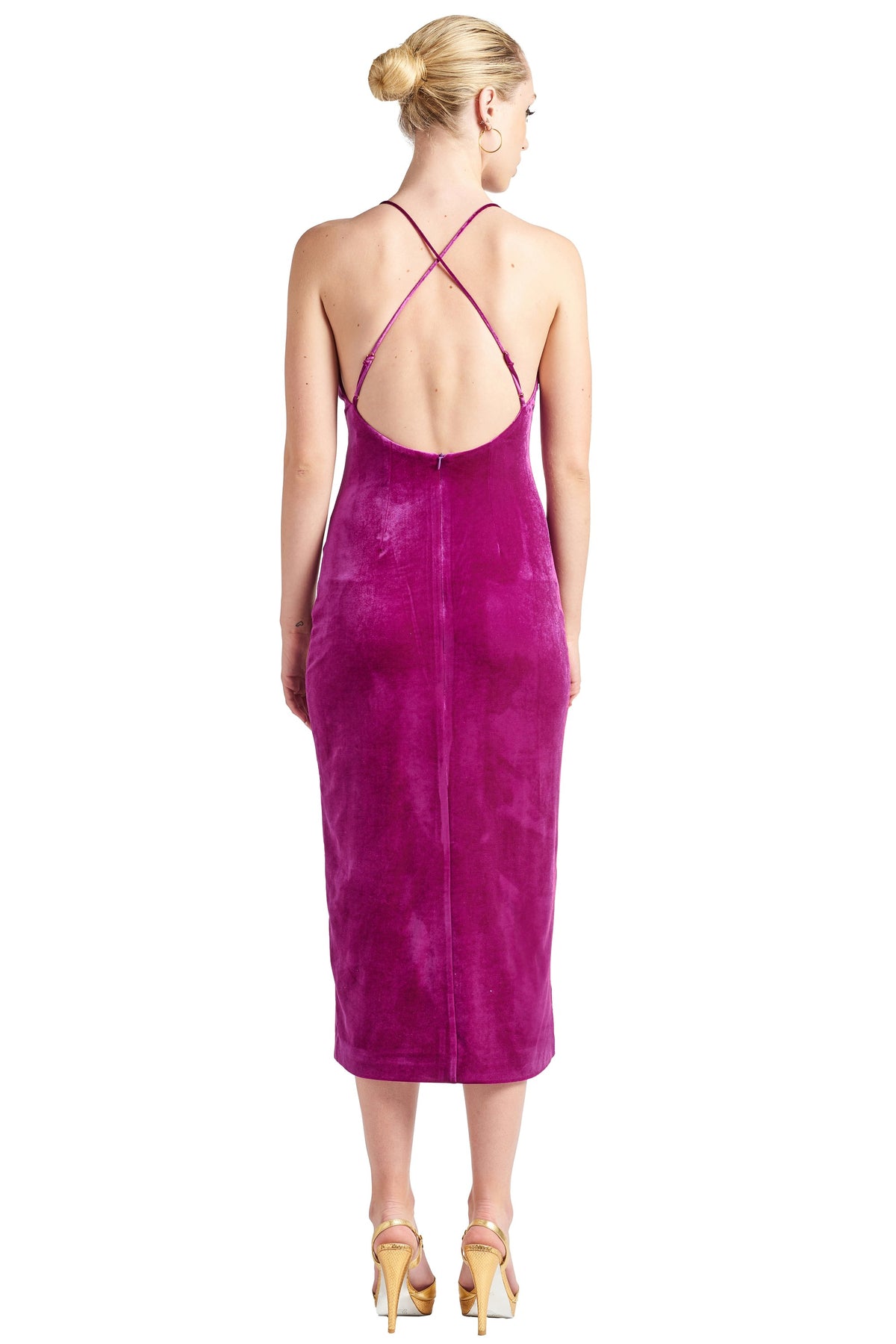 Women's Magenta Velvet Slit Slip Evening Dress