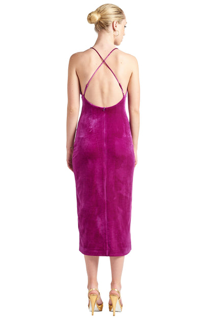 Women's Magenta Velvet Slit Slip Evening Dress