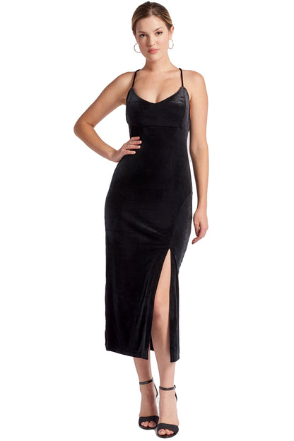 Velvet Slip Dress with Open Back & Thigh High Slit for Women