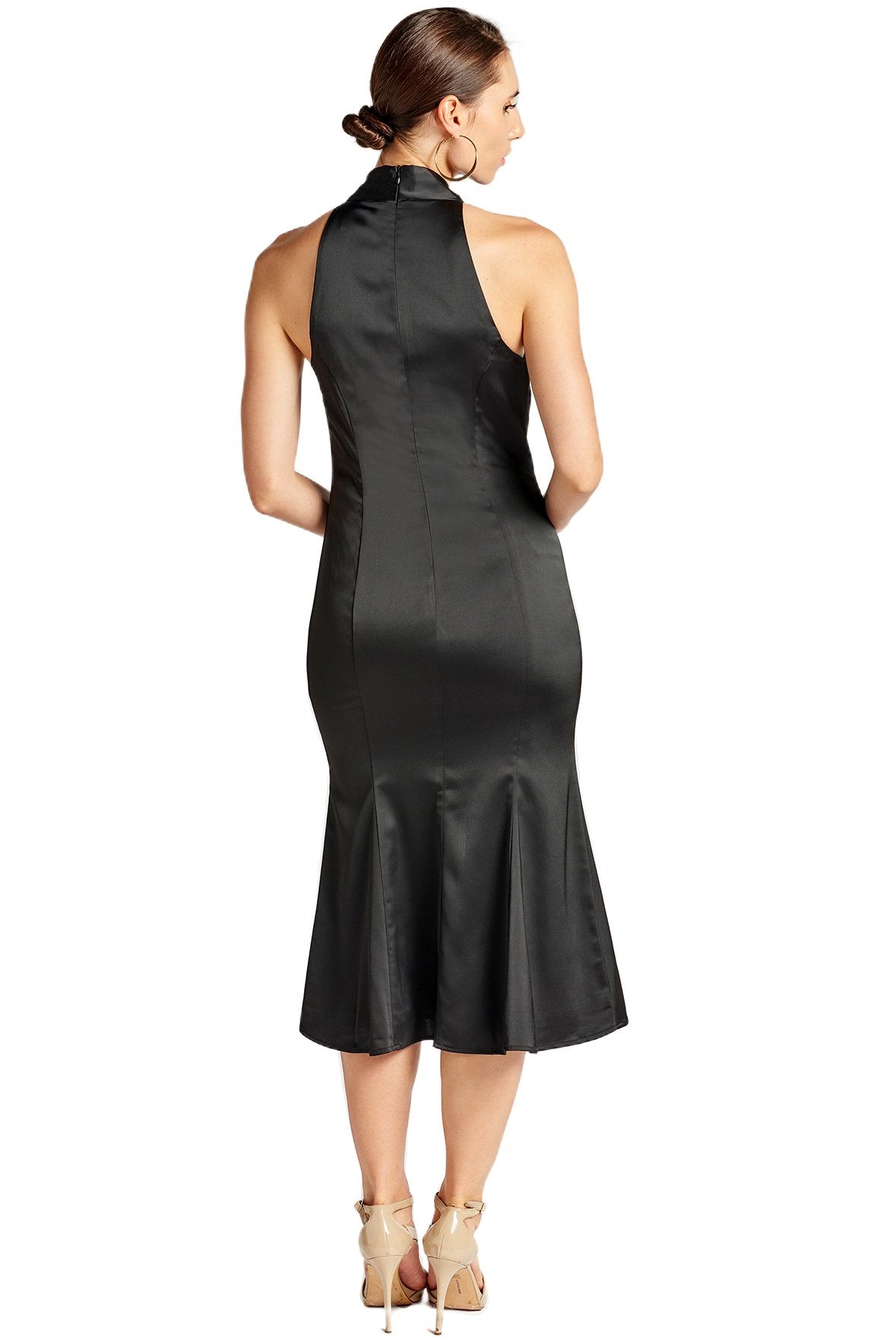 Stretch Satin Mermaid Midi Dress with Neck Tie Elegant
