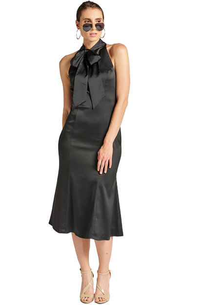 Stretch Satin Mermaid Midi Dress with Neck Tie Elegant