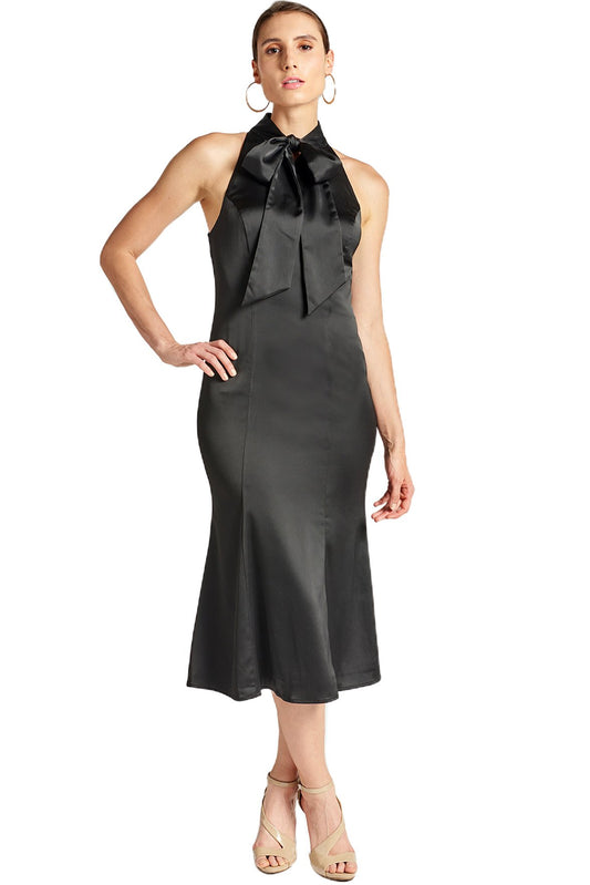 Stretch Satin Mermaid Midi Dress with Neck Tie Elegant