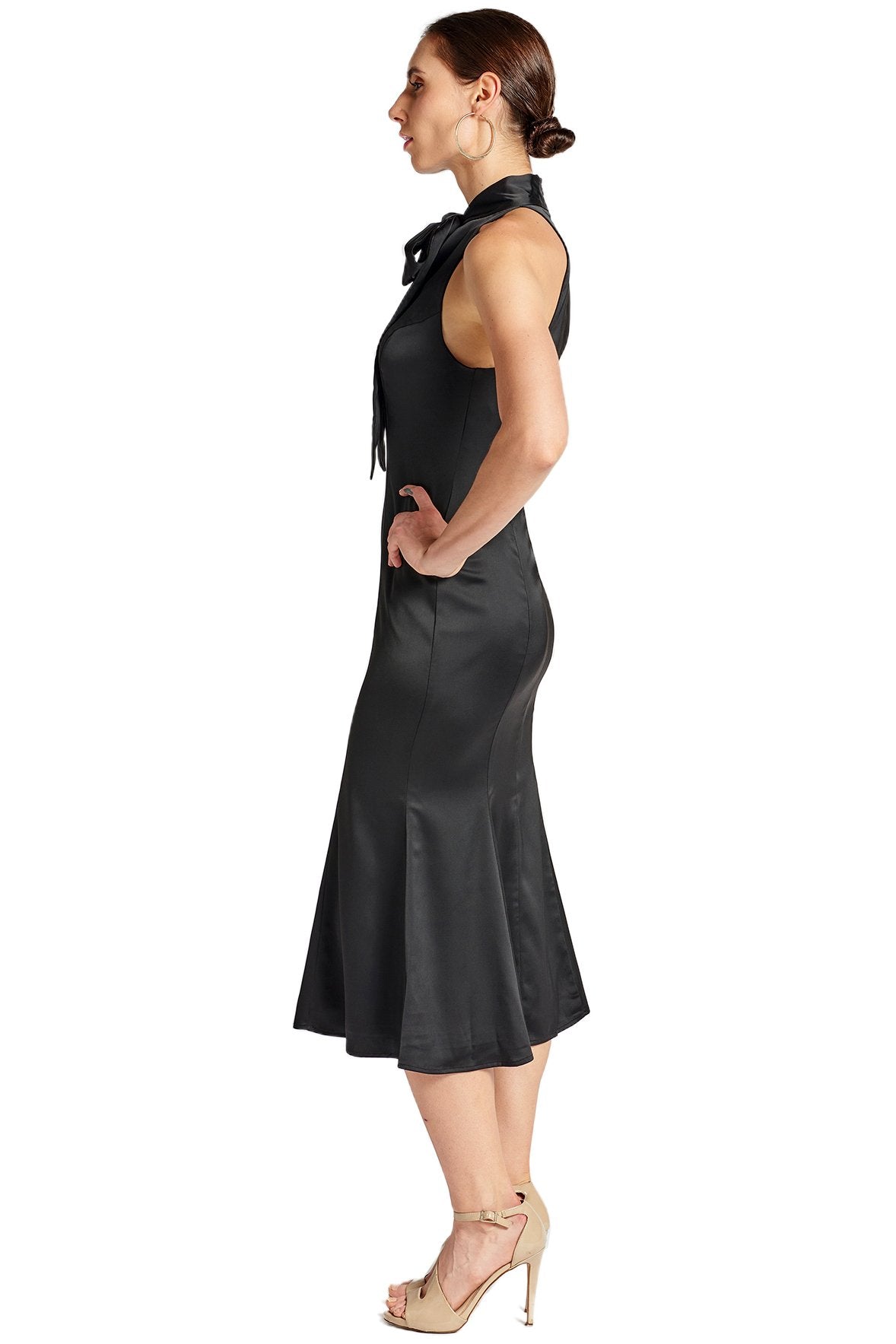 Stretch Satin Mermaid Midi Dress with Neck Tie Elegant