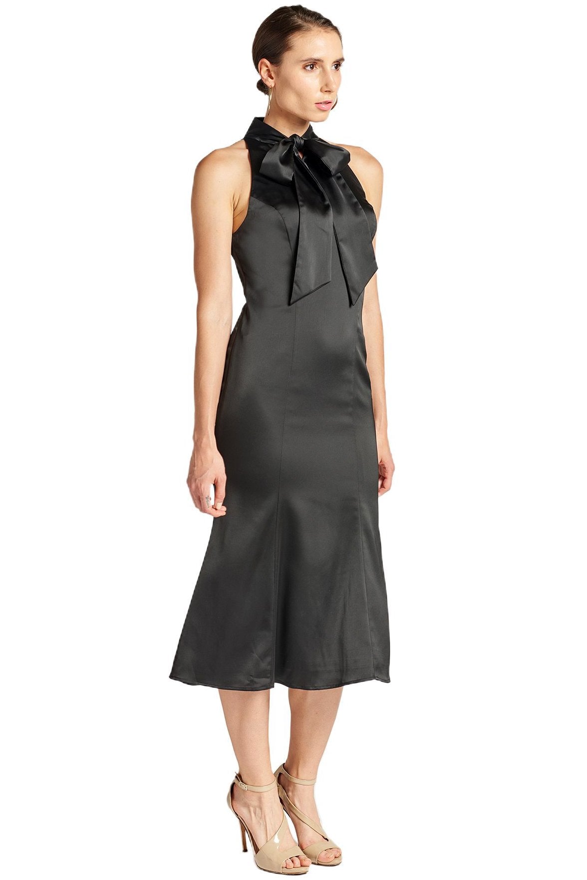 Stretch Satin Mermaid Midi Dress with Neck Tie Elegant