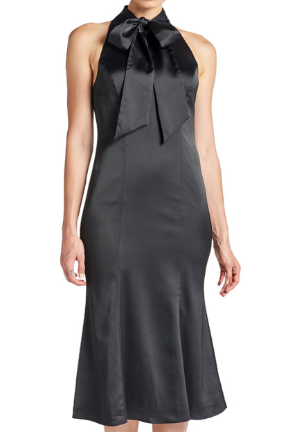 Stretch Satin Mermaid Midi Dress with Neck Tie Elegant