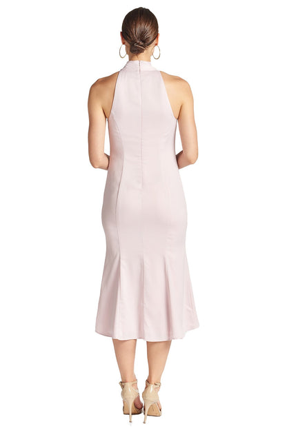Rose Satin Mermaid Midi Dress with Neck Tie for Women