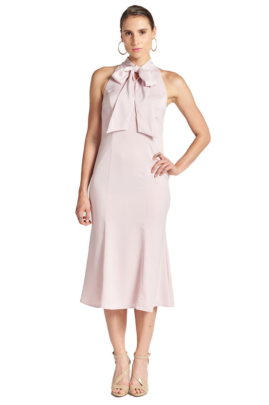 Rose Satin Mermaid Midi Dress with Neck Tie for Women