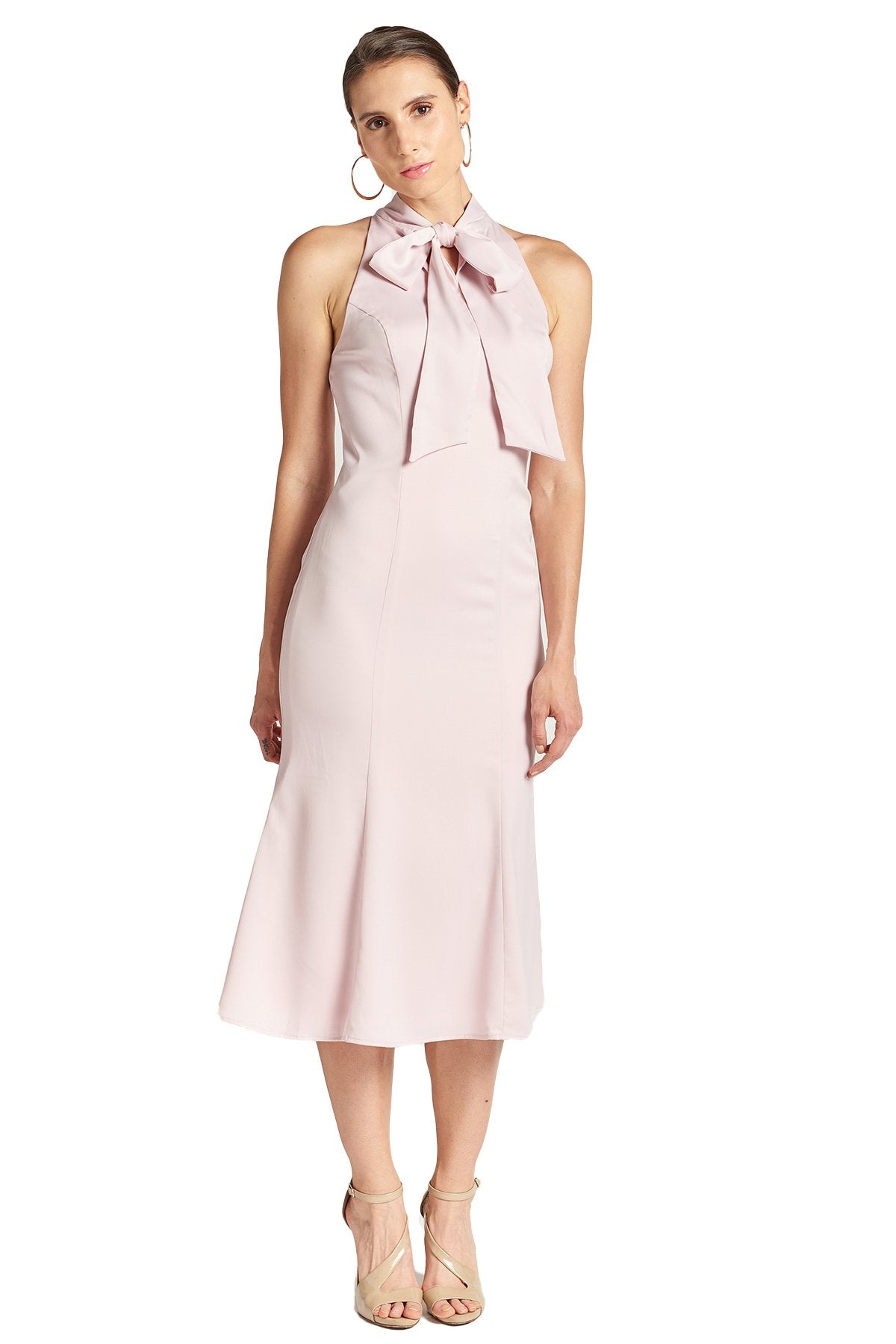 Rose Satin Mermaid Midi Dress with Neck Tie for Women