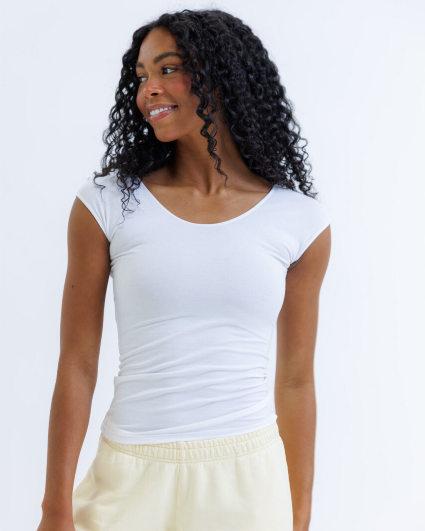 Women Cotton Stretch Fitted Scoop Neck Cap Sleeve T Shirt