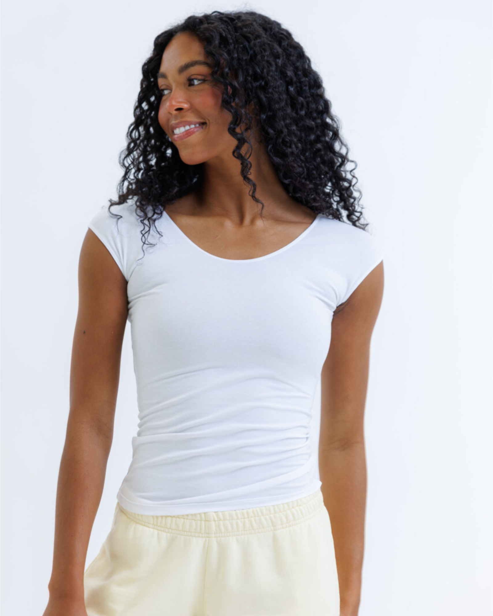 Women Cotton Stretch Fitted Scoop Neck Cap Sleeve T Shirt