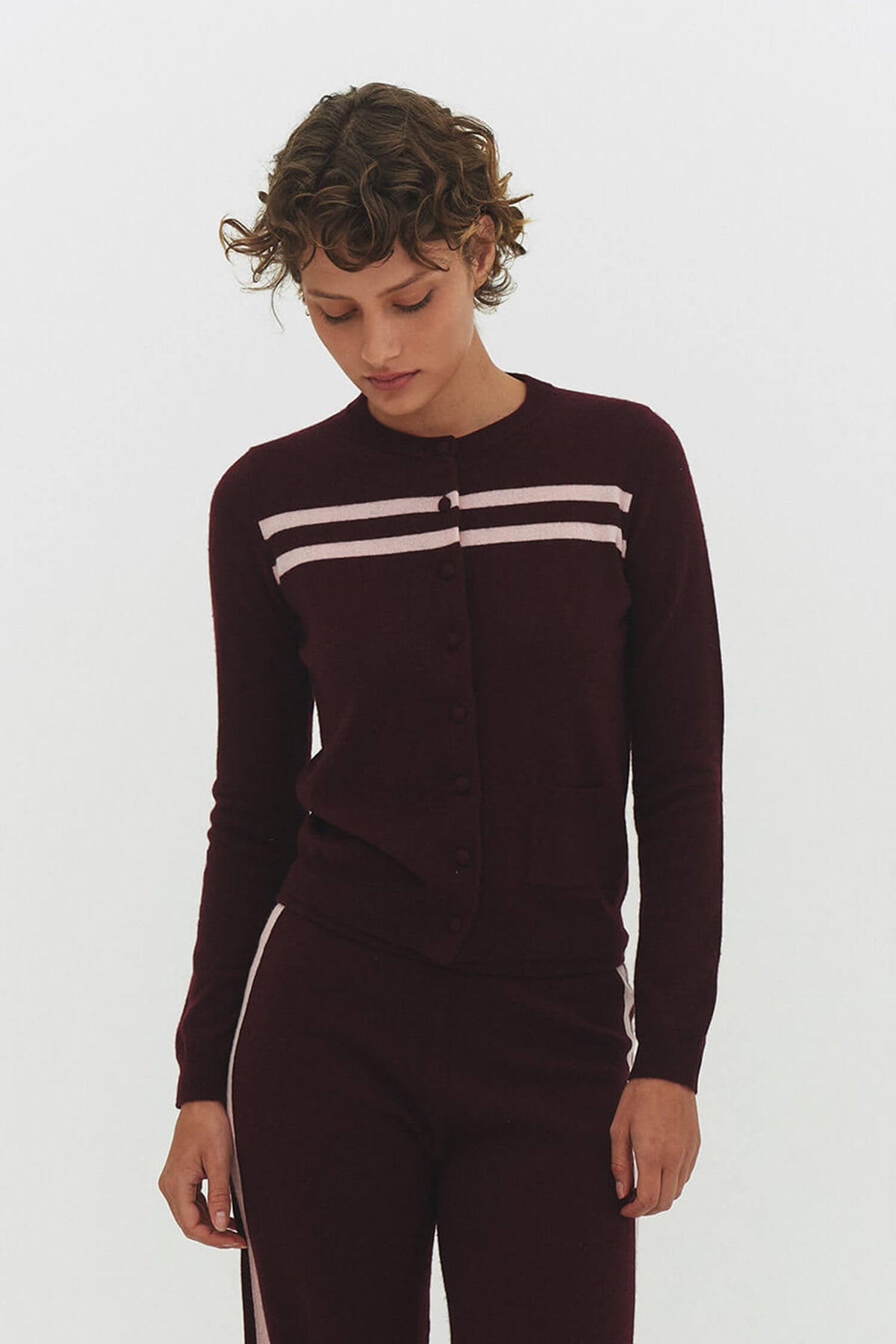 Cashmere Wool Stripe Cardigan Raspberry Cream Cropped Womens
