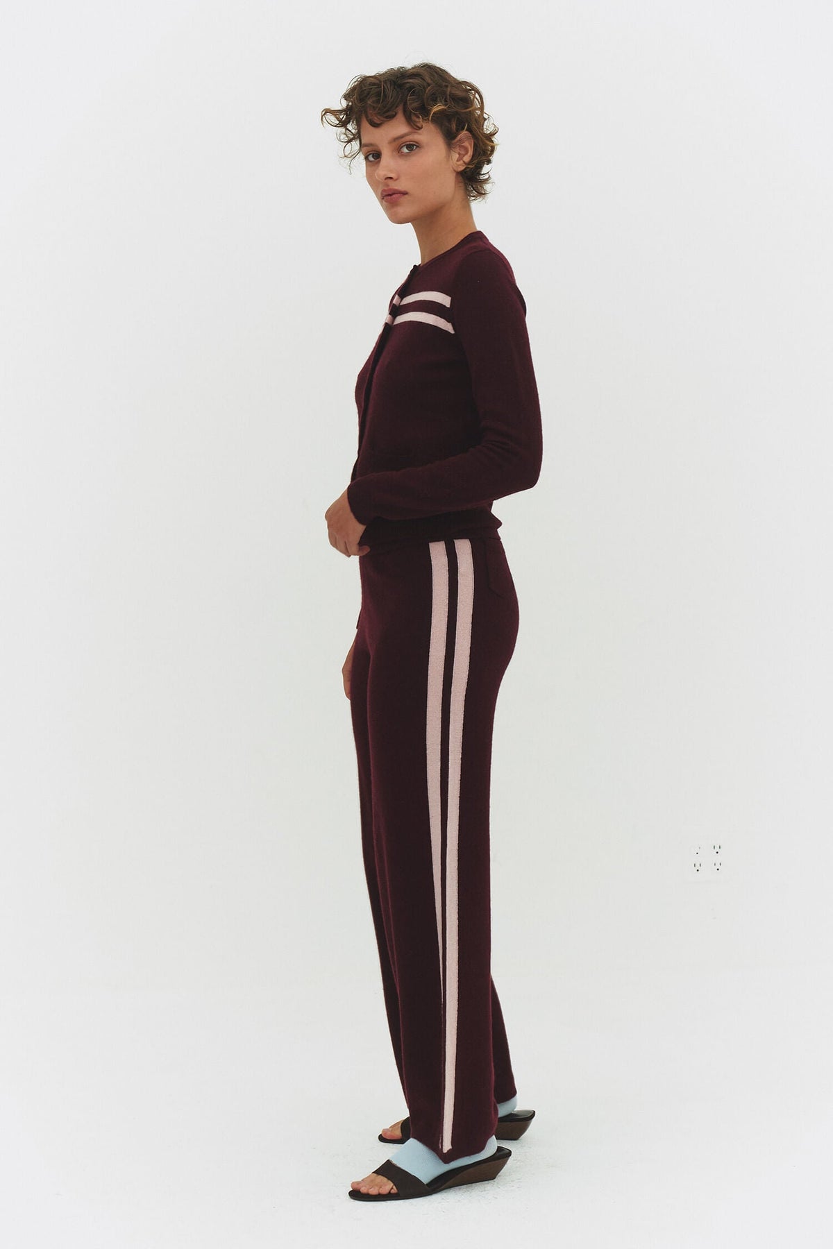 Cashmere Wool Stripe Cardigan Raspberry Cream Cropped Womens