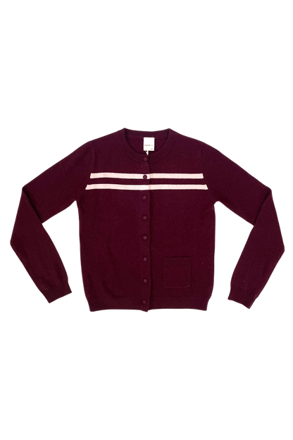 Cashmere Wool Stripe Cardigan Raspberry Cream Cropped Womens