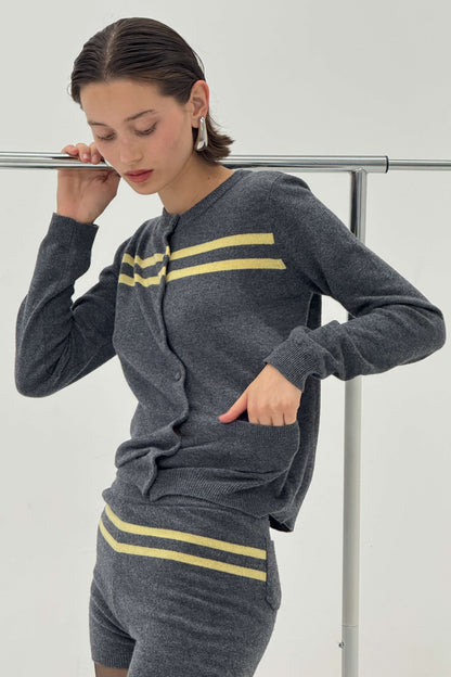 Women Cashmere Wool Stripe Cardigan Charcoal Butter Knit