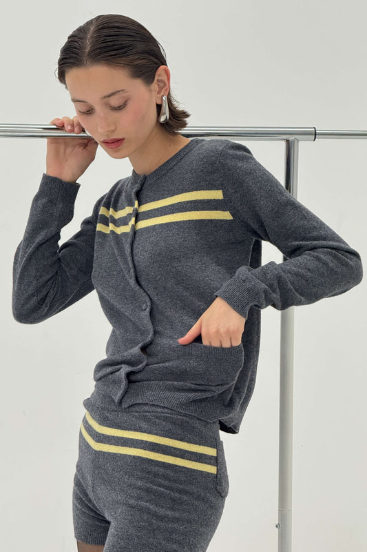 Women Cashmere Wool Stripe Cardigan Charcoal Butter Knit