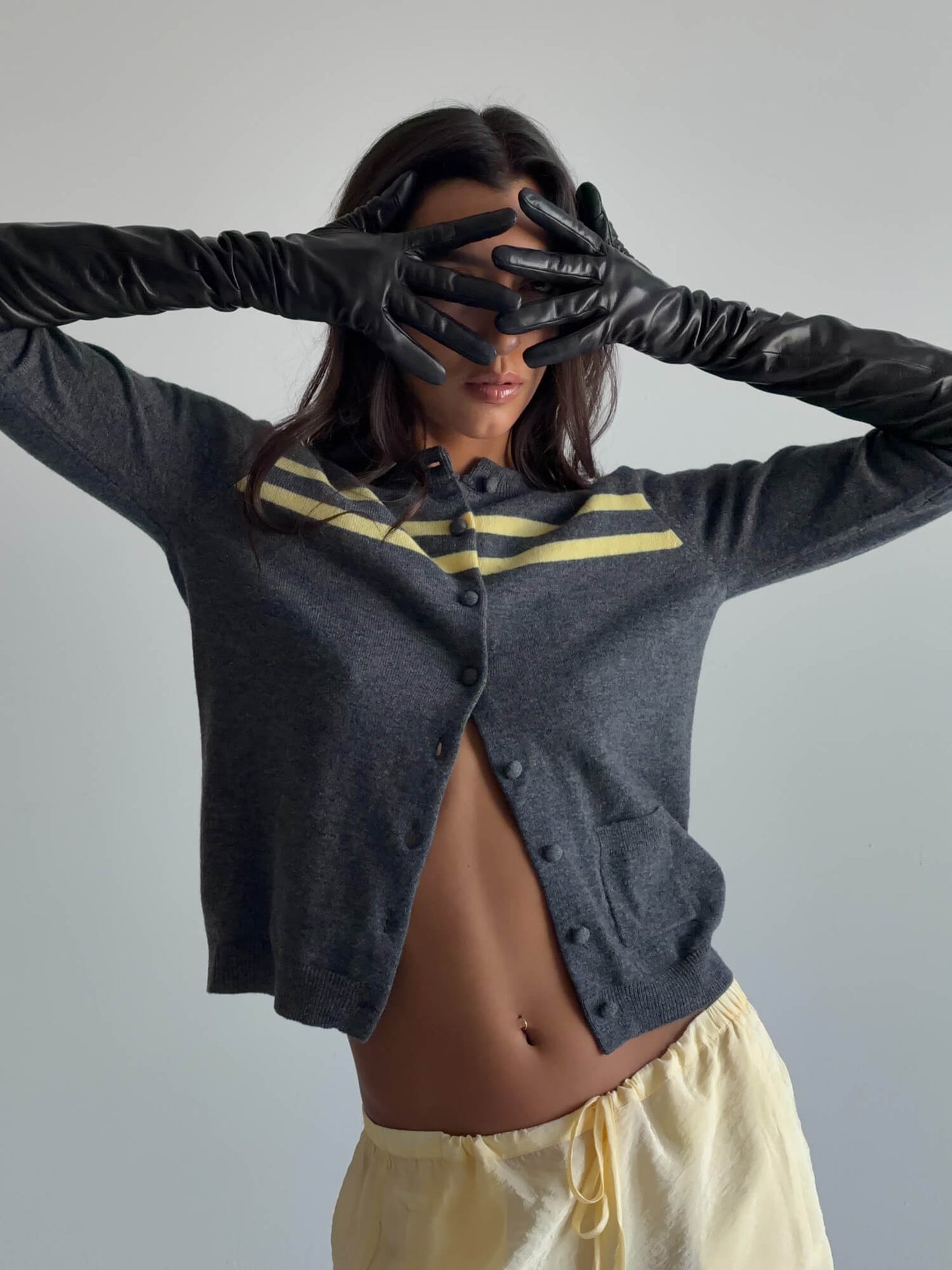 Women Cashmere Wool Stripe Cardigan Charcoal Butter Knit