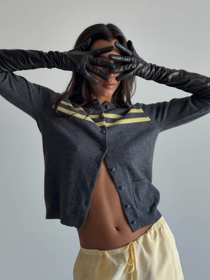 Women Cashmere Wool Stripe Cardigan Charcoal Butter Knit