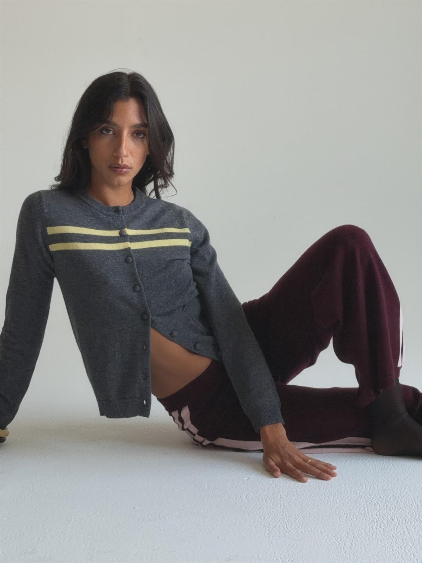 Women Cashmere Wool Stripe Cardigan Charcoal Butter Knit