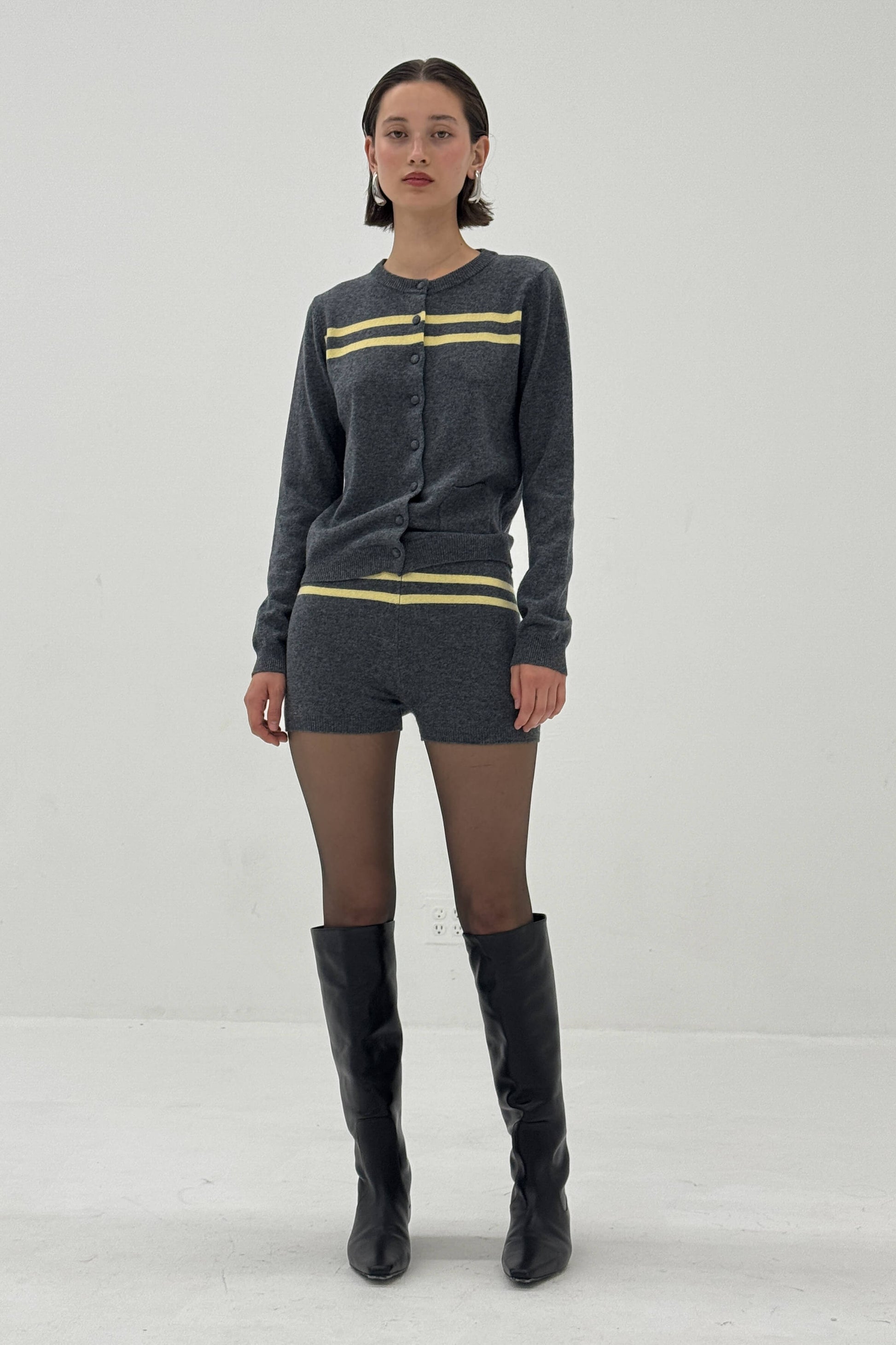 Women Cashmere Wool Stripe Cardigan Charcoal Butter Knit