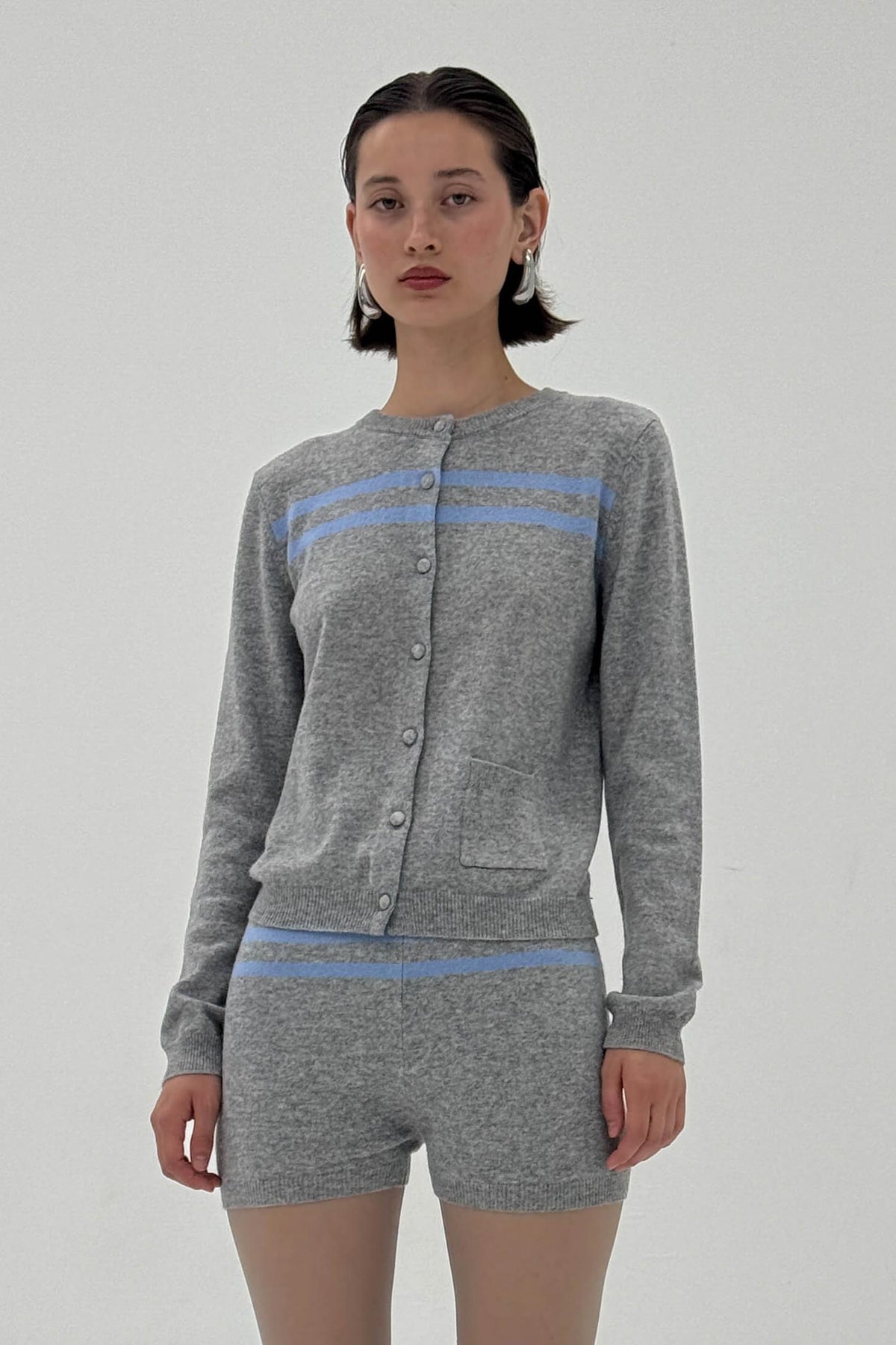 Cashmere Wool Stripe Cardigan Heather Grey Womens Knit Style