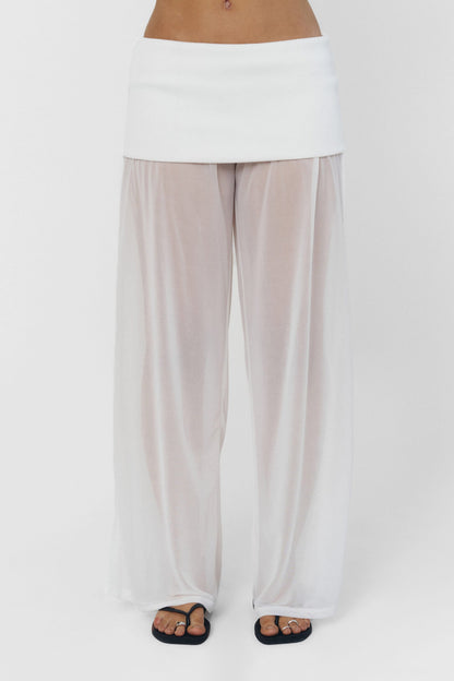 Women Wide Leg Sheer Pants Foldover Waistband White