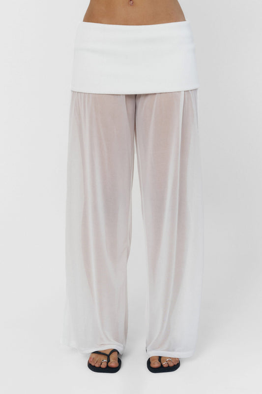 Women Wide Leg Sheer Pants Foldover Waistband White