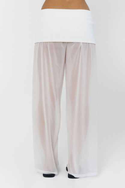 Women Wide Leg Sheer Pants Foldover Waistband White